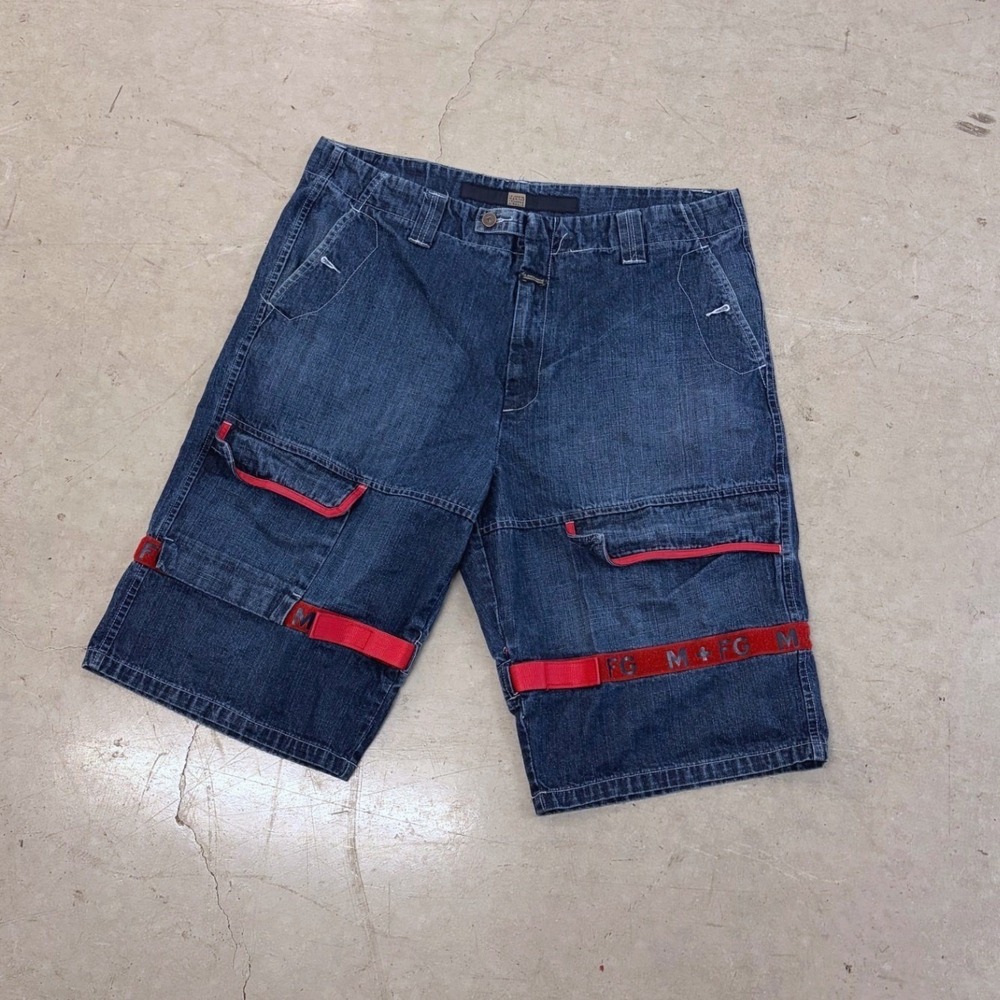 Marithe Francois Girbaud Denim Cargo Shorts Blue Red Straps Mens 42 Y2K Baggy